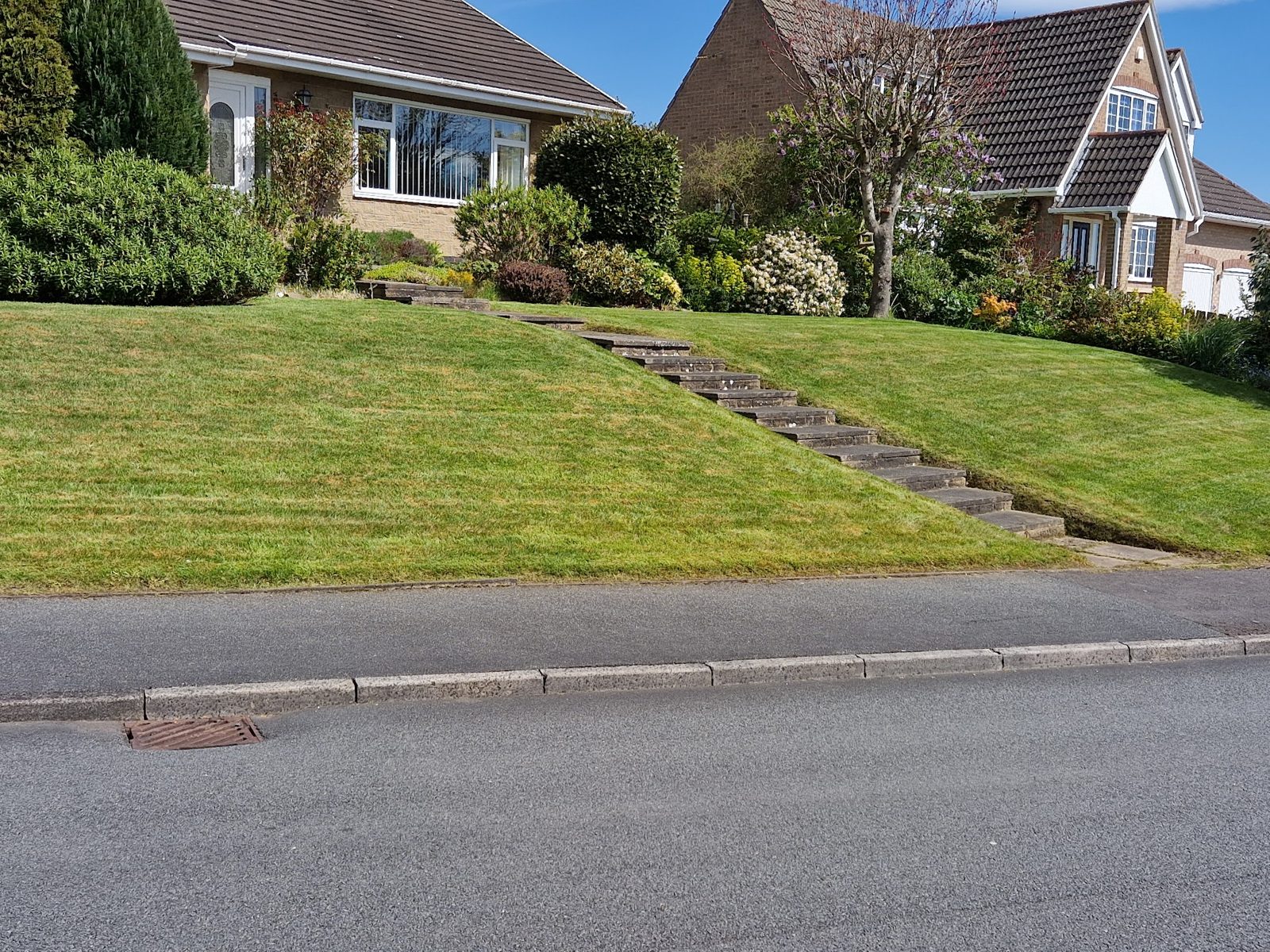 A sloping front lawn with steps, freshly cut in stripes beside a bungalow